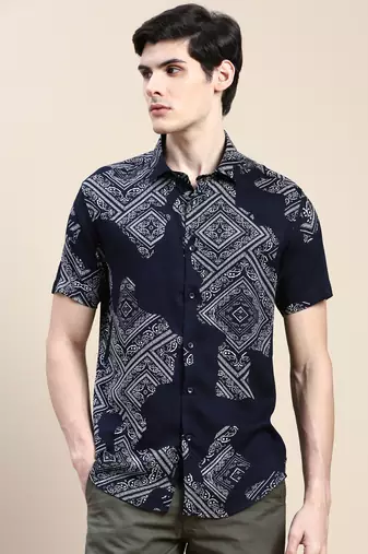 men's short sleeves ethnic motifs navy blue shirt