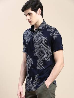 men's short sleeves ethnic motifs navy blue shirt 3