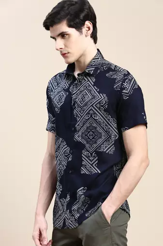 men's short sleeves ethnic motifs navy blue shirt
