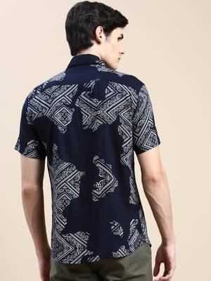 men's short sleeves ethnic motifs navy blue shirt 4