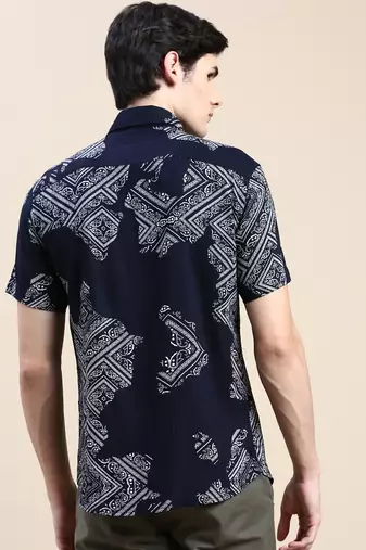 men's short sleeves ethnic motifs navy blue shirt