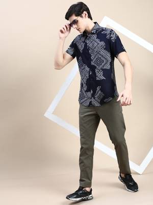 men's short sleeves ethnic motifs navy blue shirt 5