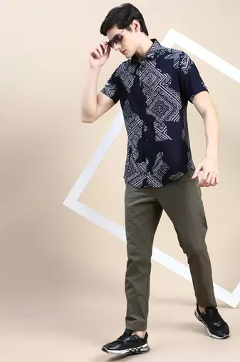men's short sleeves ethnic motifs navy blue shirt