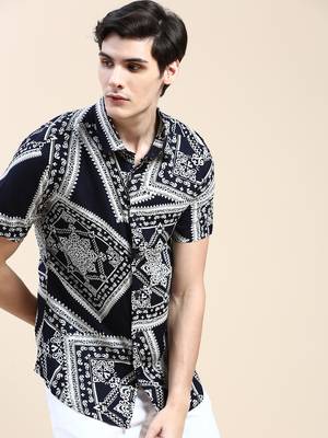 men's short sleeves ethnic motifs navy blue shirt 1