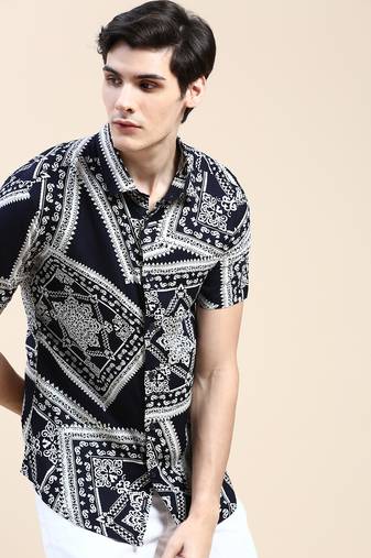 men's short sleeves ethnic motifs navy blue shirt