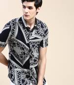 men's short sleeves ethnic motifs navy blue shirt