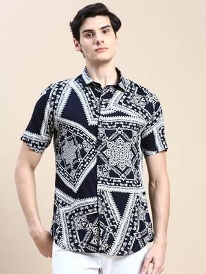 men's short sleeves ethnic motifs navy blue shirt 2