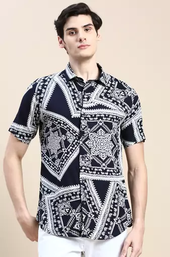 men's short sleeves ethnic motifs navy blue shirt