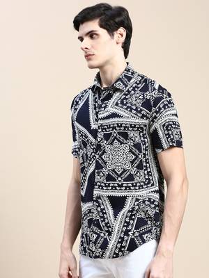 men's short sleeves ethnic motifs navy blue shirt 3
