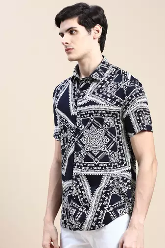 men's short sleeves ethnic motifs navy blue shirt