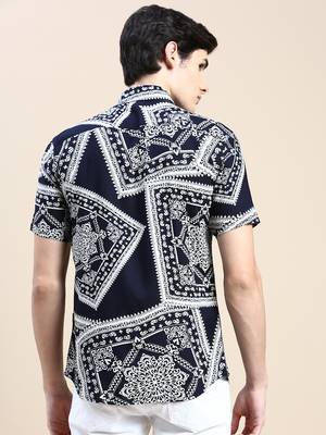 men's short sleeves ethnic motifs navy blue shirt 4