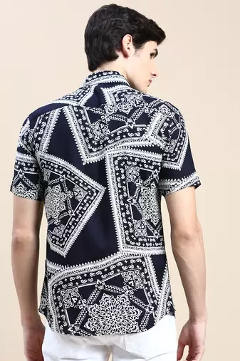 men's short sleeves ethnic motifs navy blue shirt