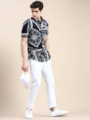 men's short sleeves ethnic motifs navy blue shirt 5