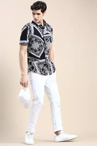 men's short sleeves ethnic motifs navy blue shirt