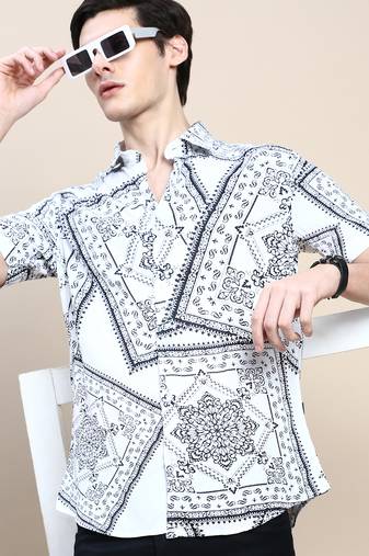 men's short sleeves ethnic motifs white shirt