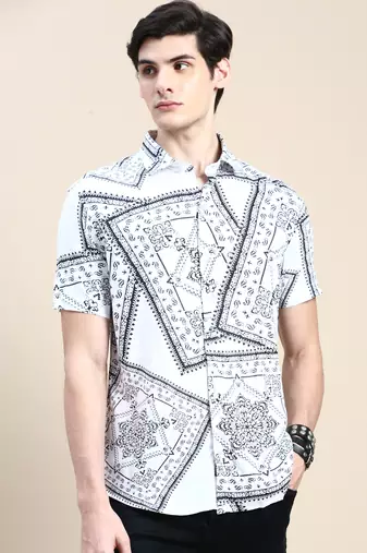 men's short sleeves ethnic motifs white shirt