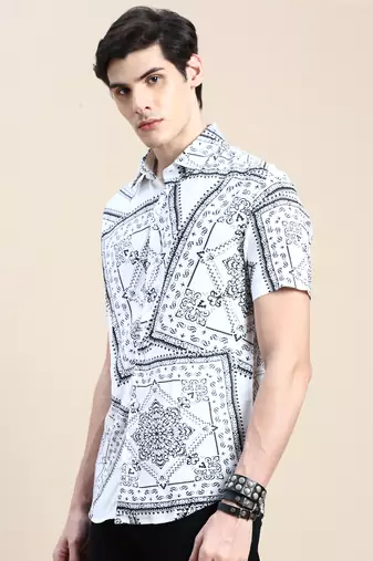 men's short sleeves ethnic motifs white shirt
