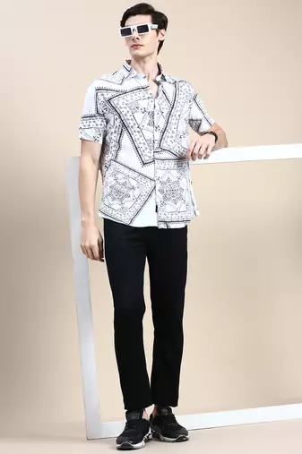 men's short sleeves ethnic motifs white shirt