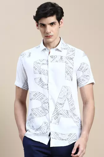 men's short sleeves ethnic motifs white shirt