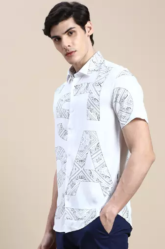 men's short sleeves ethnic motifs white shirt