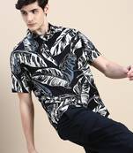 men's short sleeves floral black shirt