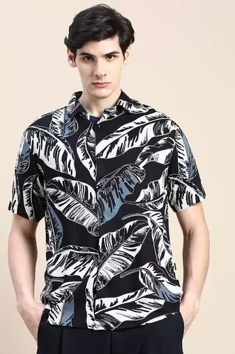 men's short sleeves floral black shirt