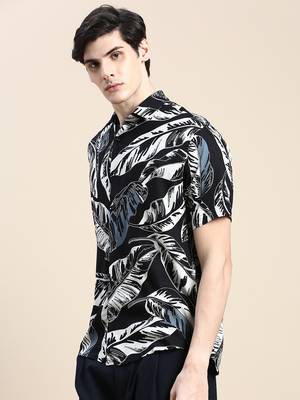 men's short sleeves floral black shirt 3