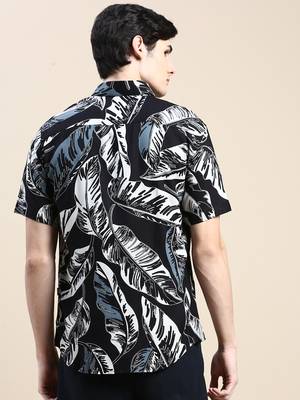 men's short sleeves floral black shirt 4