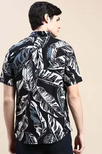men's short sleeves floral black shirt