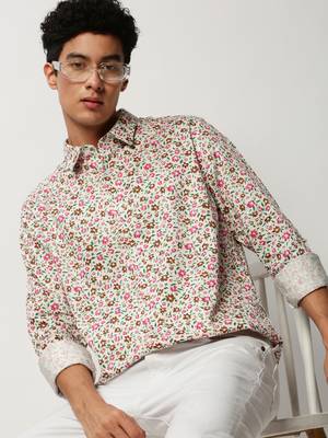 men's long sleeves floral white shirt 1
