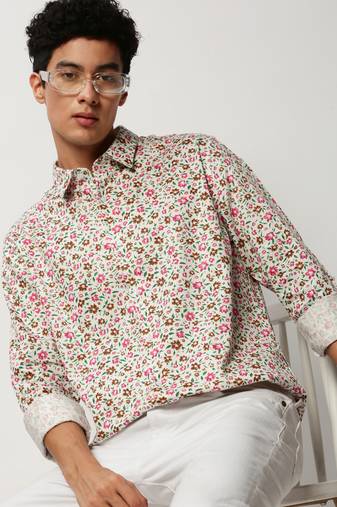 men's long sleeves floral white shirt