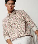men's long sleeves floral white shirt