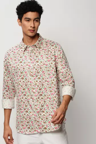 men's long sleeves floral white shirt