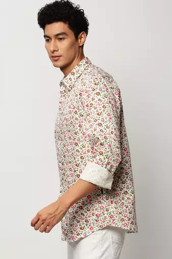 men's long sleeves floral white shirt