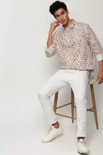 men's long sleeves floral white shirt