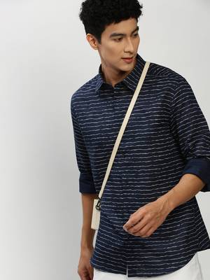 men's long sleeves horizontal stripes navy blue shirt 1