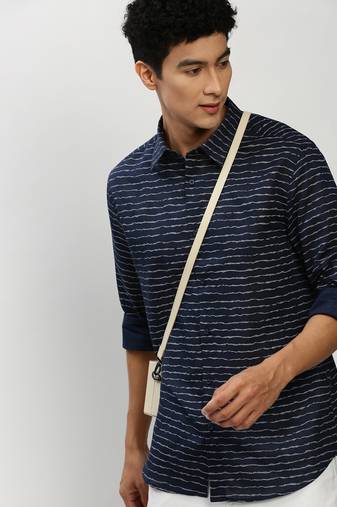 men's long sleeves horizontal stripes navy blue shirt