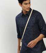men's long sleeves horizontal stripes navy blue shirt