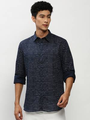 men's long sleeves horizontal stripes navy blue shirt 2