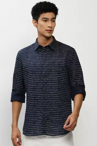 men's long sleeves horizontal stripes navy blue shirt