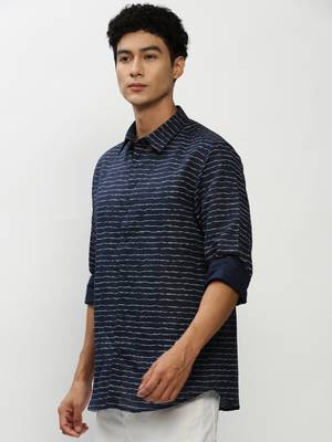 men's long sleeves horizontal stripes navy blue shirt 3