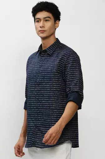 men's long sleeves horizontal stripes navy blue shirt