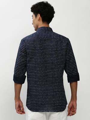 men's long sleeves horizontal stripes navy blue shirt 4