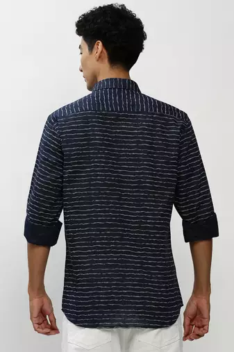 men's long sleeves horizontal stripes navy blue shirt