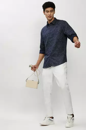 men's long sleeves horizontal stripes navy blue shirt
