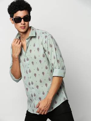 men's long sleeves ethnic motifs sea green shirt 1