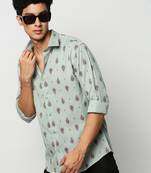 men's long sleeves ethnic motifs sea green shirt