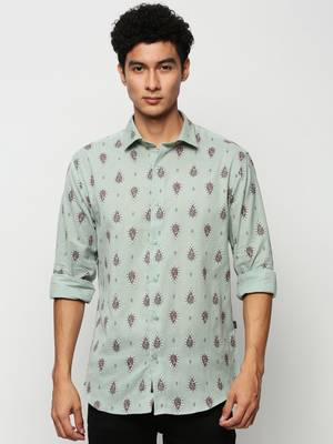 men's long sleeves ethnic motifs sea green shirt 2