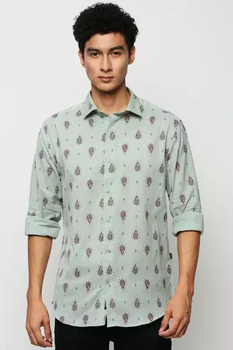 men's long sleeves ethnic motifs sea green shirt