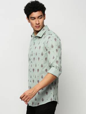 men's long sleeves ethnic motifs sea green shirt 3